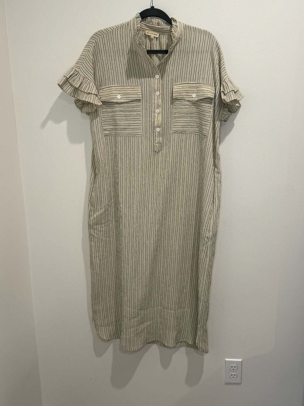 Maison Anana Striped Ruffle Sleeve Henly Midi Shirtdress